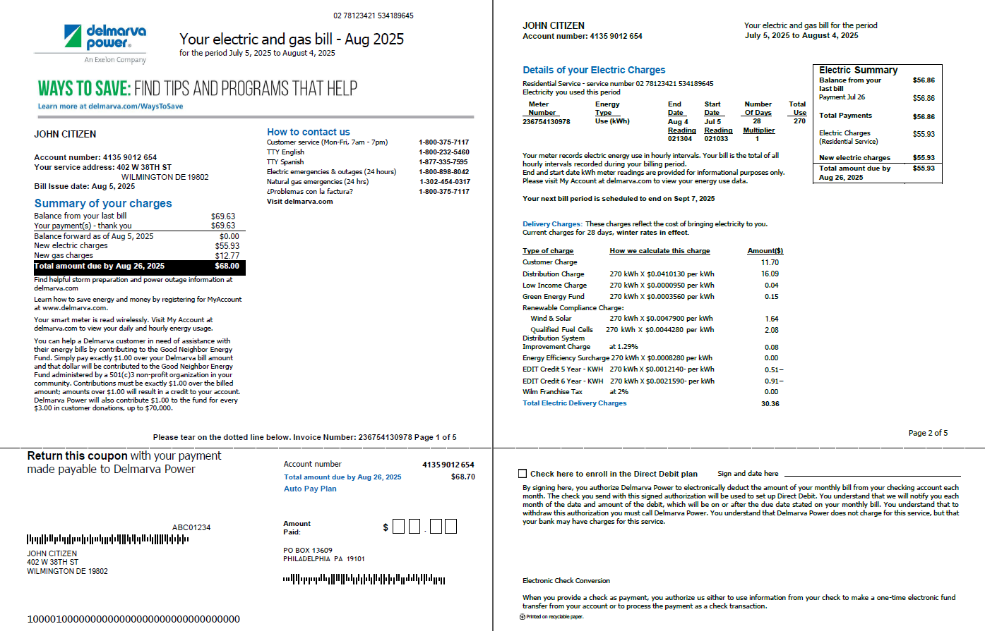 USA Delmarva Power utility bill template in Word and PDF formats, 5 pages, 1 2 pages